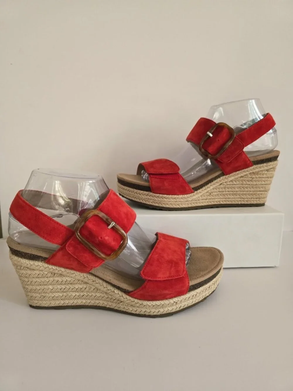 Aetrex Ashley Red Wedge Espadrille Sandals 9 9.5 Shoes Buckle Leather Open Toe